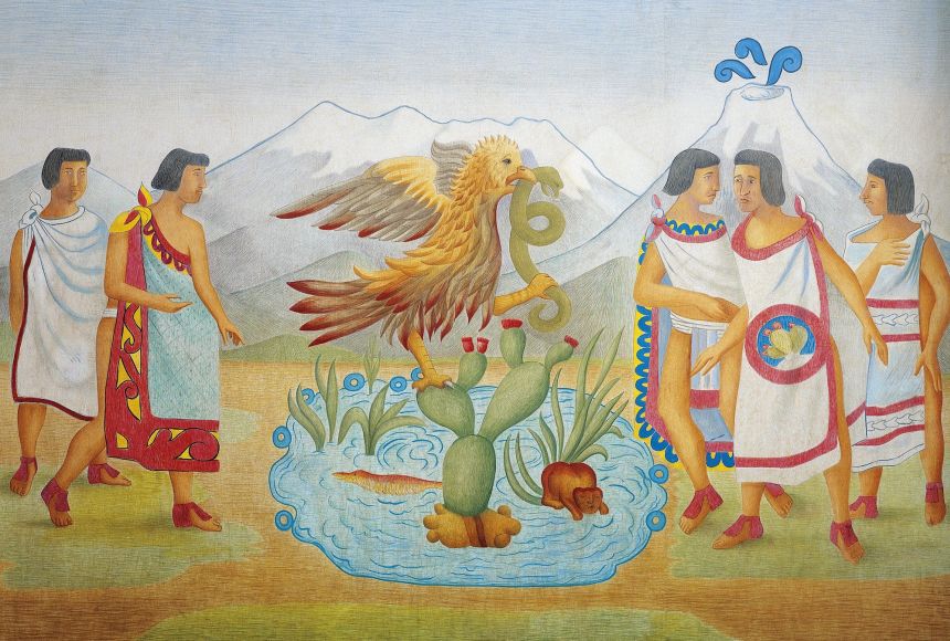 This illustration describes how the Aztecs chose the location for Tenochtitlan. The image of an eagle eating a snake atop a prickly pear cactus can also be seen on the modern day Mexican flag.