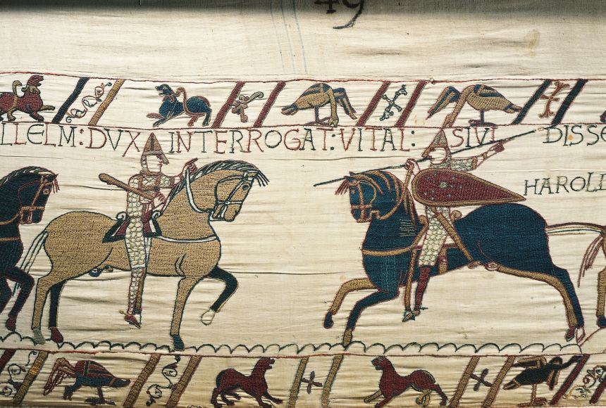 This tapestry, also known as the Bayeux Tapestry, depicts a knight informing his leader that Harold's army is approaching. The Norman conquest in 1066 was the last successful conquest of England.