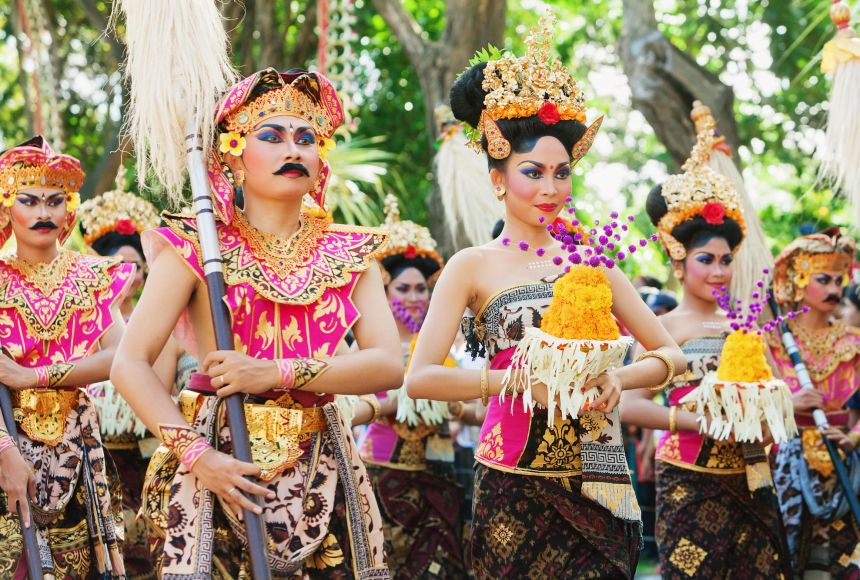 Dancers dressed in sarongs celebrate a cultural festival in Denpasar, Bali, Indonesia.