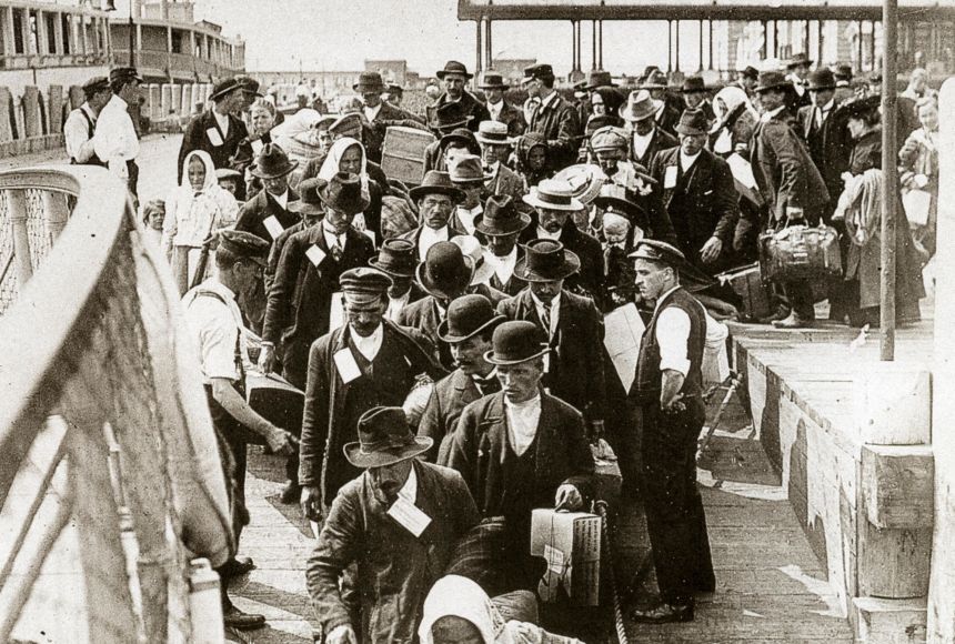 Ellis Island, New York, was a way station for European immigrants arriving to the United States. Those immigrants, like these from Italy, formed diaspora communities, linking their ancestral homes with their new ones.
