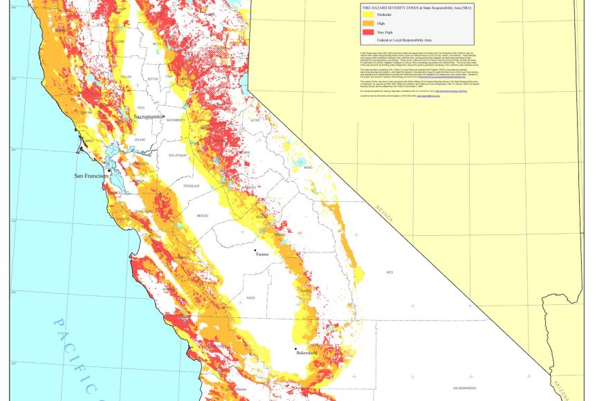 This map was developed to identify fire hazard severity zones throughout California, United States. The estimated chances of a wildfire hitting a given region are based on vegetation, fire history, weather, and other factors.
