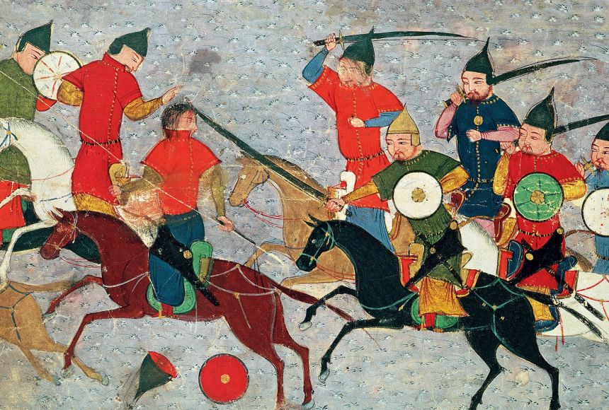 The Mongol Empire was begun by Genghis Khan. This painting shows the conqueror in combat.