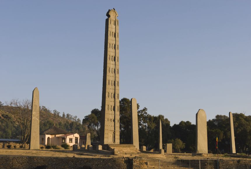 The ancient kingdom of Aksum was located in present-day Ethiopia. This wealthy African civilization celebrated its achievements with monuments like King Ezana's stela in Stelae Park, Ethiopia.