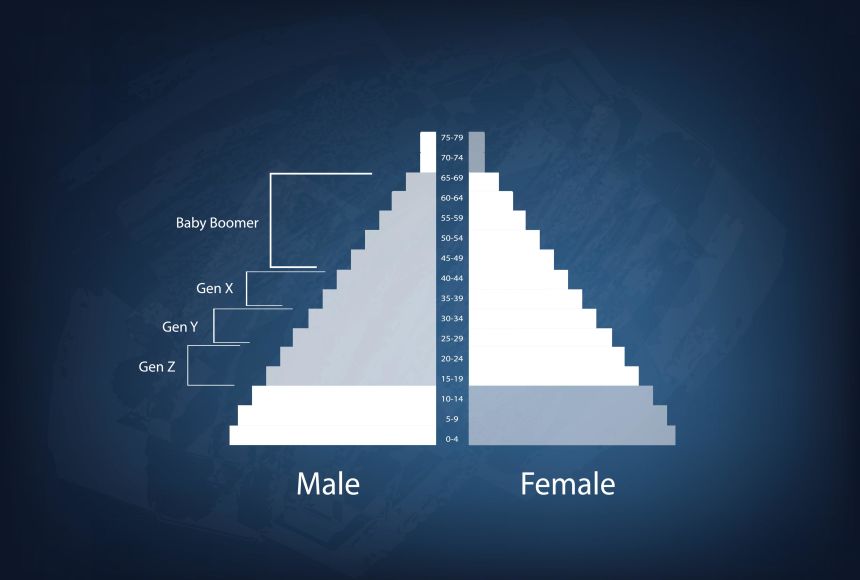 Population pyramids help show how populations are composed and how they are changing. Here is a generic population pyramid showing various age groups: baby boomers, Generation X, Generation Y, and Generation Z.
