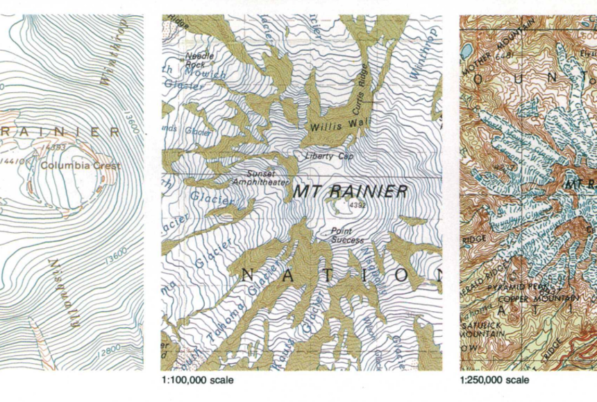 Moving from left to right, three examples of scale from a large scale map to a smaller scale map.