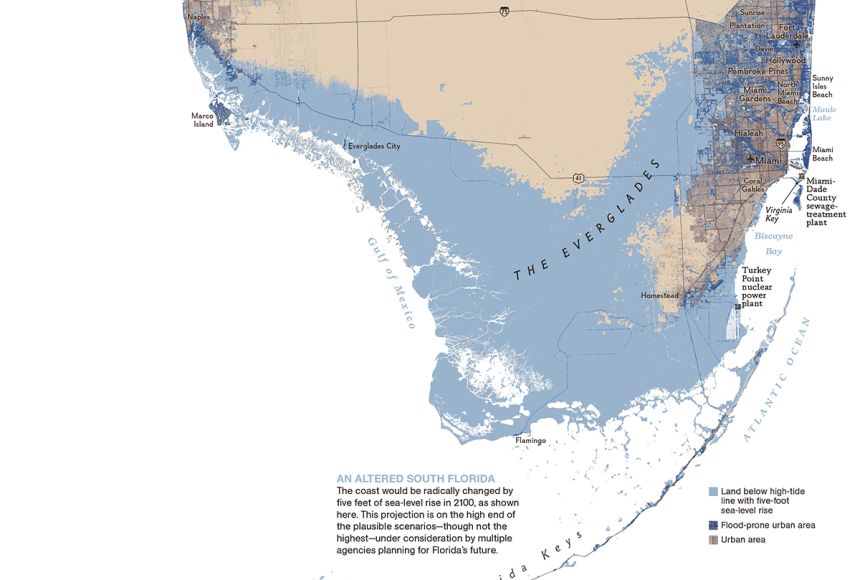 Map of southern Florida with encroaching sea levels.