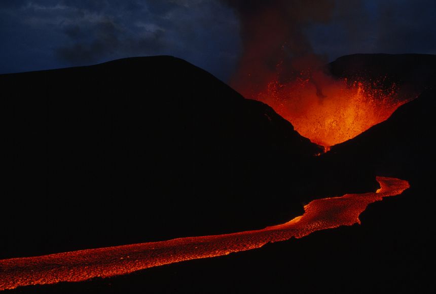 Volcanic eruptions can create colorful and dramatic displays, such as this eruption of this volcano in the Virunga Moutains of the Democratic Republic of the Congo.