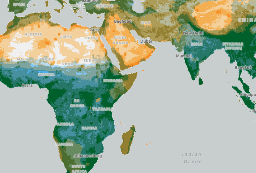 This map shows the relative amount of biodiversity in a given part of the planet.
