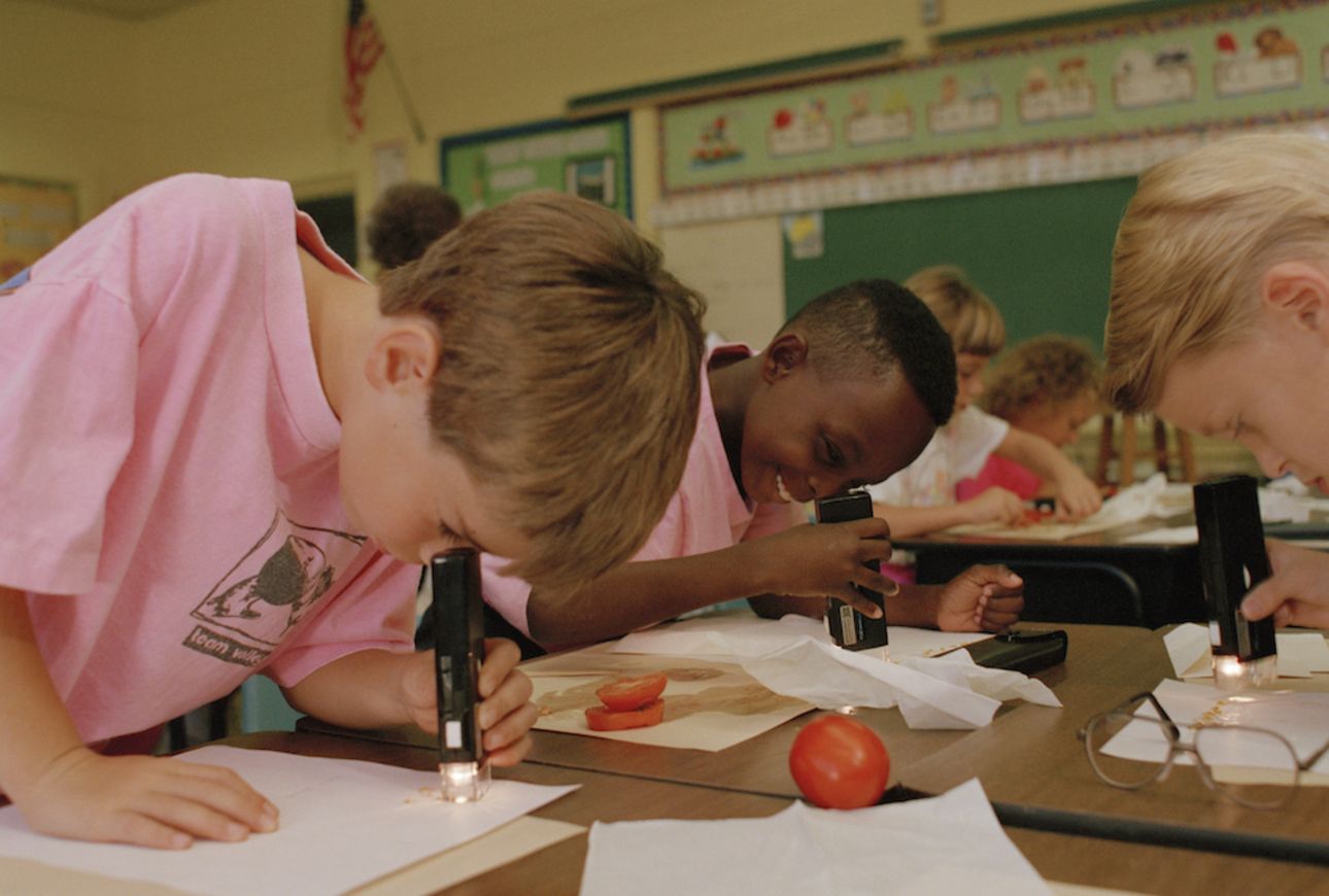 A photograph of students studying seeds in a classroom using handheld magnifying devices.