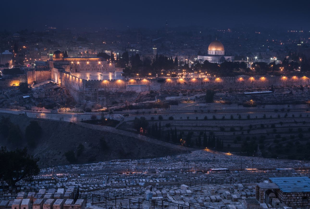 Views of the Old City of Jerusalem, taken from the Mount of Olives, with the Dome of the Rock inside the compound of Al-Aqsa (Al-Haram ash-Sharif).