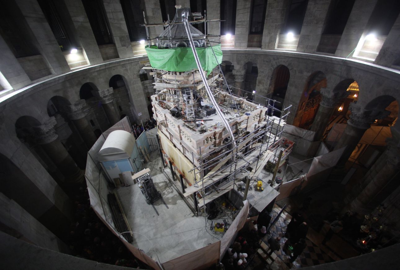 Scaffolding surrounds the Edicule during restoration work, at the Church of the Holy Sepulchre in Jerusalem's Old City.