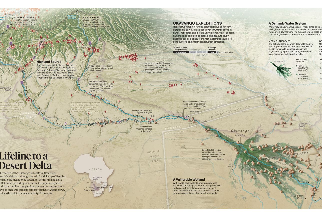 The Okavango Delta and rivers are the life sources for millions of animals and people. In this map you will find the various different tourist sites, mine fields, and irrigation schemes located throughout the delta and rivers.