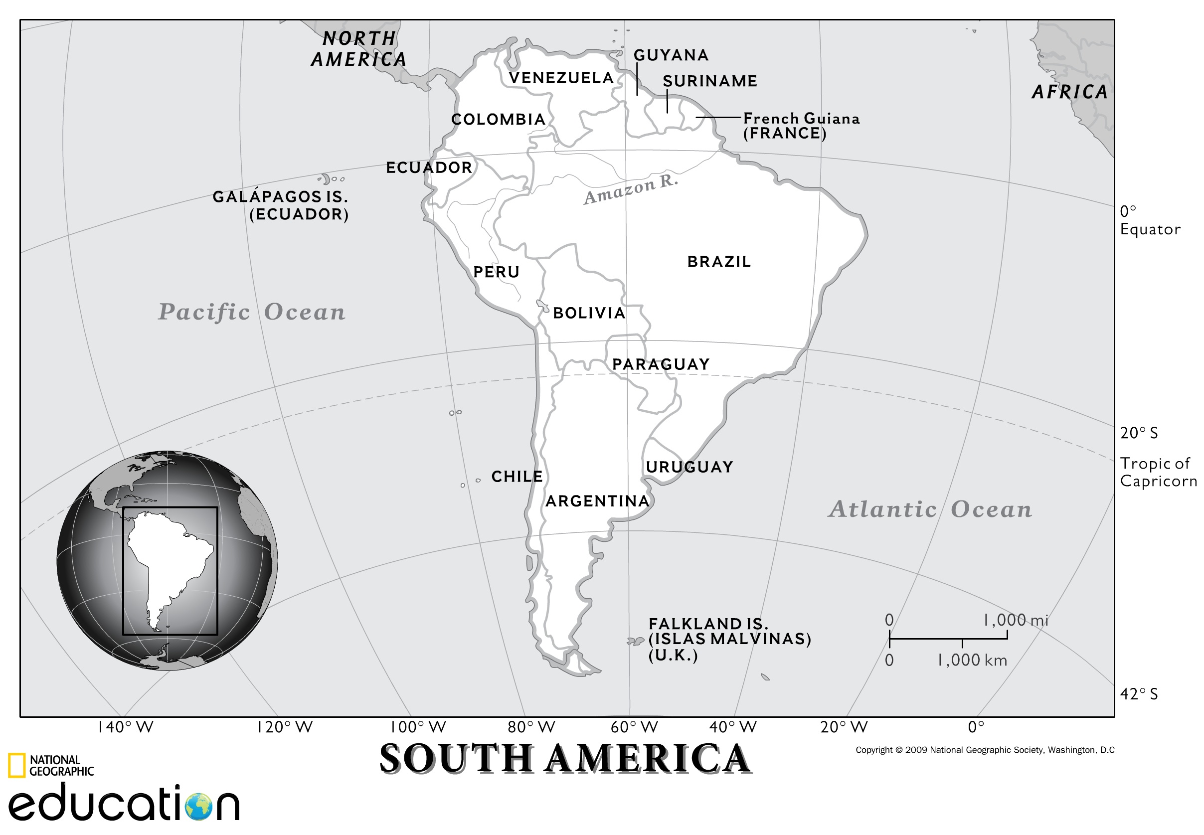 Physical map of South America very detailed, showing The
