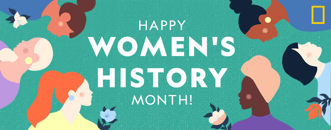 A a group of women surrounding the text "Happy Women's History Month!"