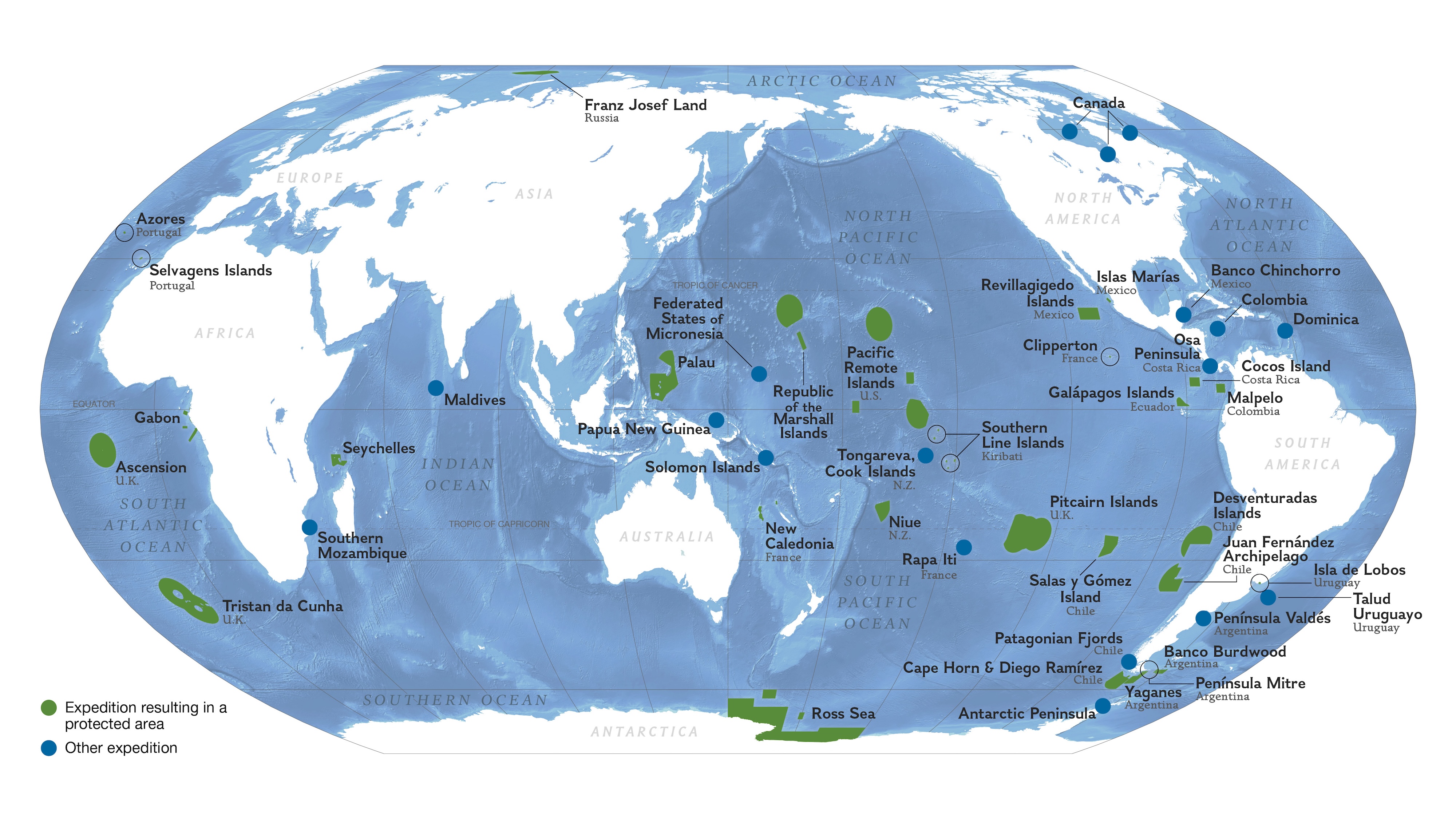 World map with the locations of Pristine Seas expeditions.